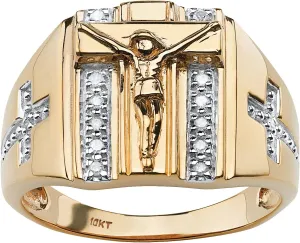 PalmBeach Men's 10K Yellow Gold Round Genuine Diamond Crucifix and Cross Ring (1/8 cttw, I Color, I3 Clarity) Sizes 9-13