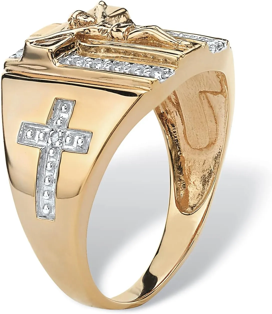 PalmBeach Men's 10K Yellow Gold Round Genuine Diamond Crucifix and Cross Ring (1/8 cttw, I Color, I3 Clarity) Sizes 9-13