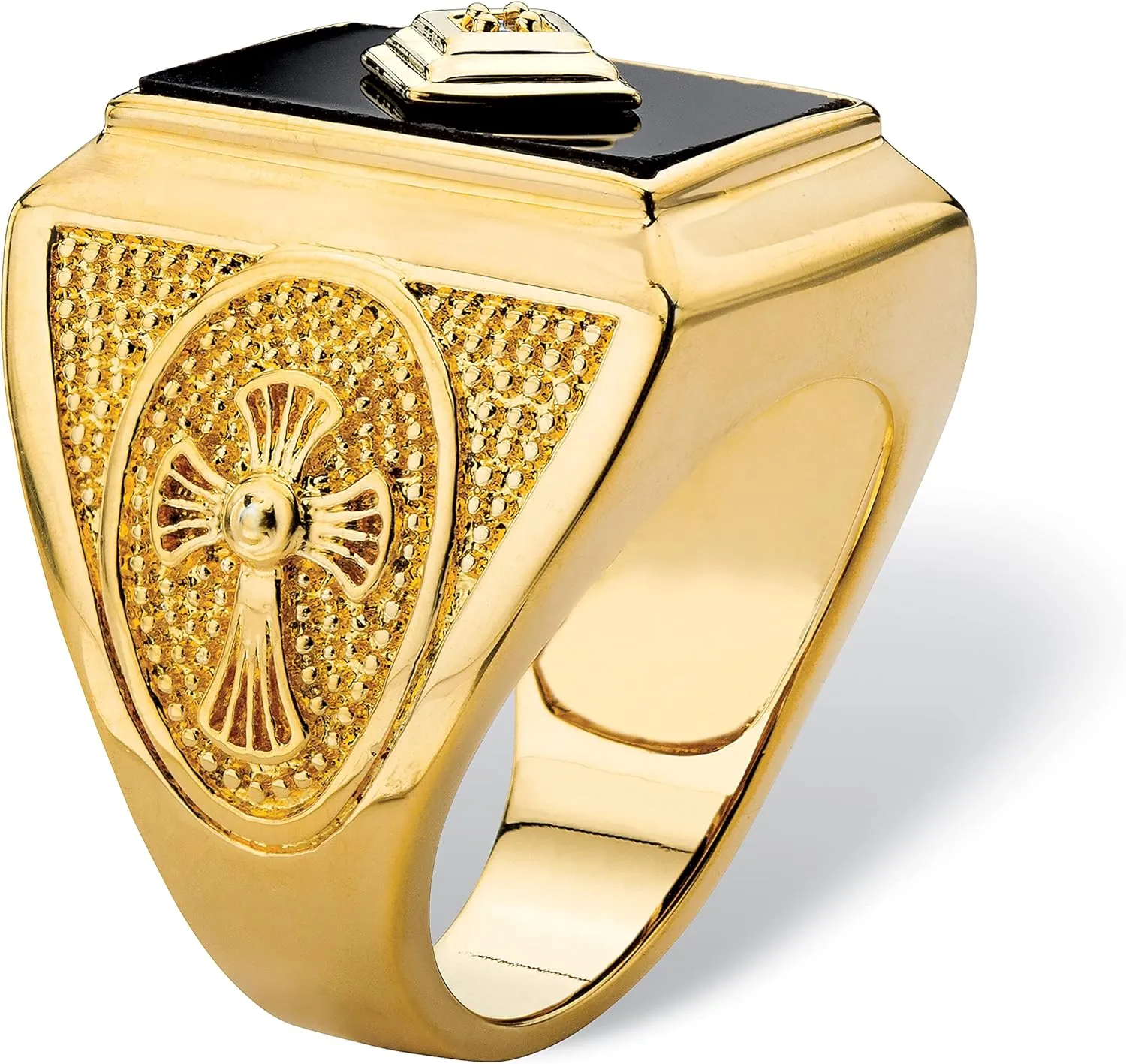 PalmBeach Men's Yellow Gold-Plated Emerald Cut Natural Black Onyx and Diamond Accent Cross Ring Sizes 8-13