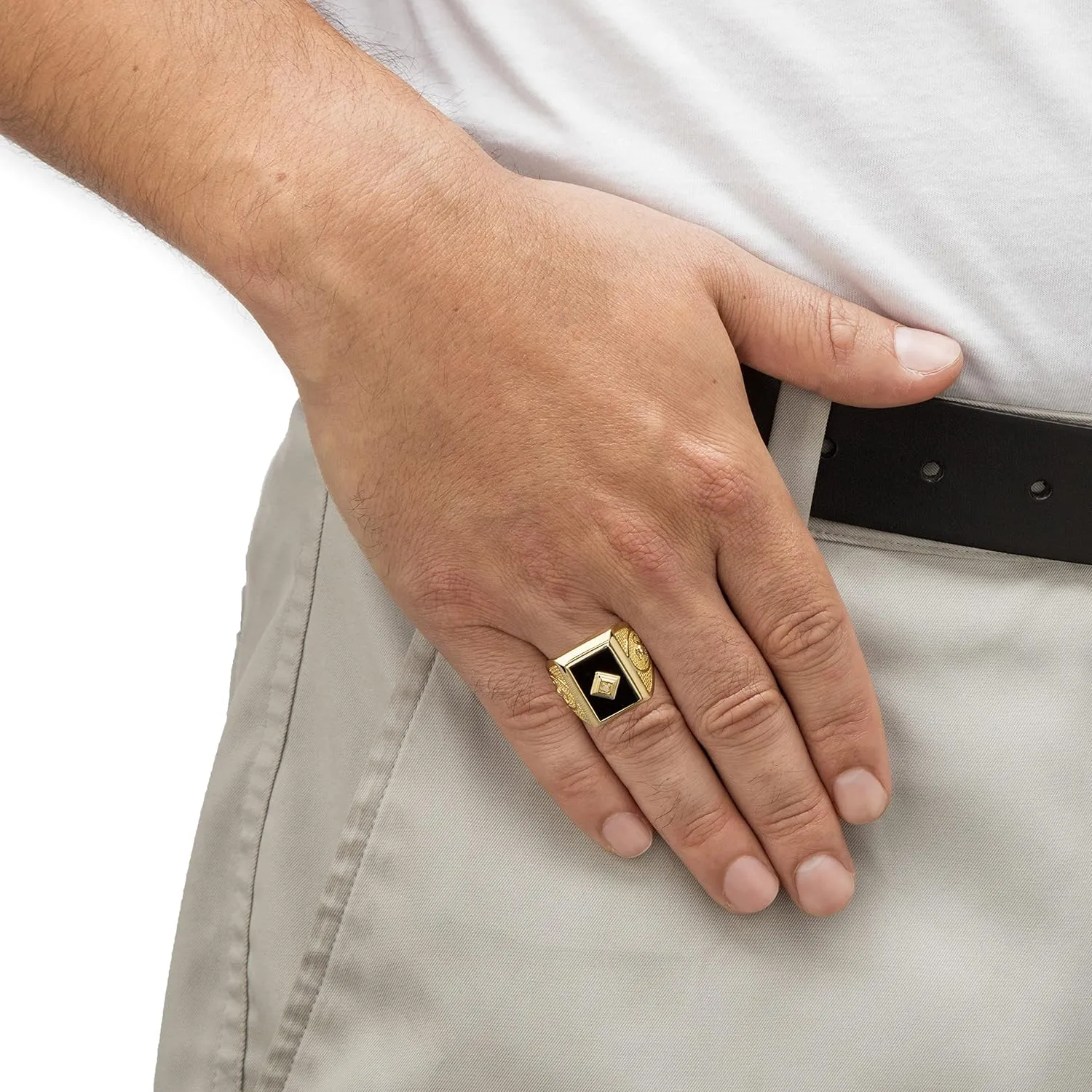 PalmBeach Men's Yellow Gold-Plated Emerald Cut Natural Black Onyx and Diamond Accent Cross Ring Sizes 8-13