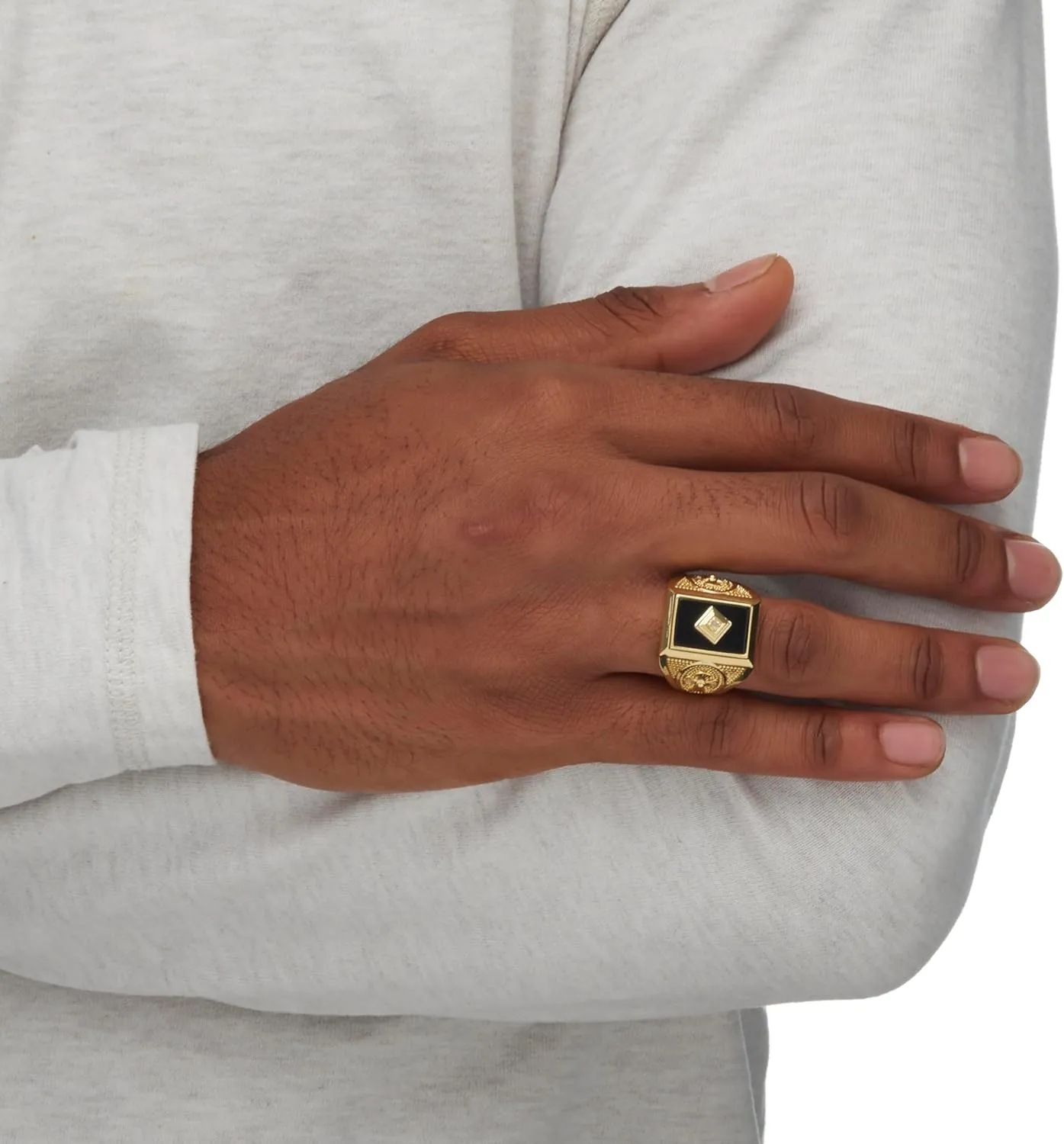 PalmBeach Men's Yellow Gold-Plated Emerald Cut Natural Black Onyx and Diamond Accent Cross Ring Sizes 8-13