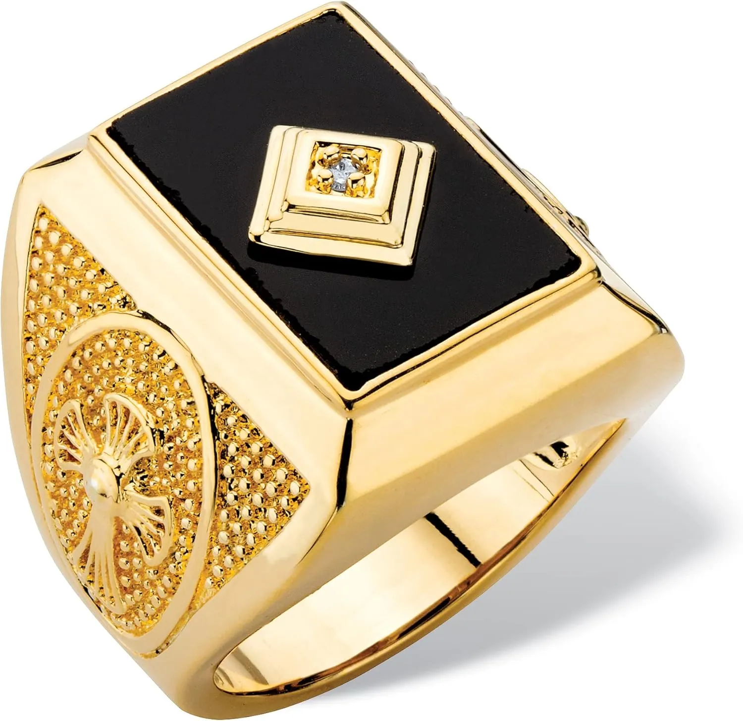 PalmBeach Men's Yellow Gold-Plated Emerald Cut Natural Black Onyx and Diamond Accent Cross Ring Sizes 8-13