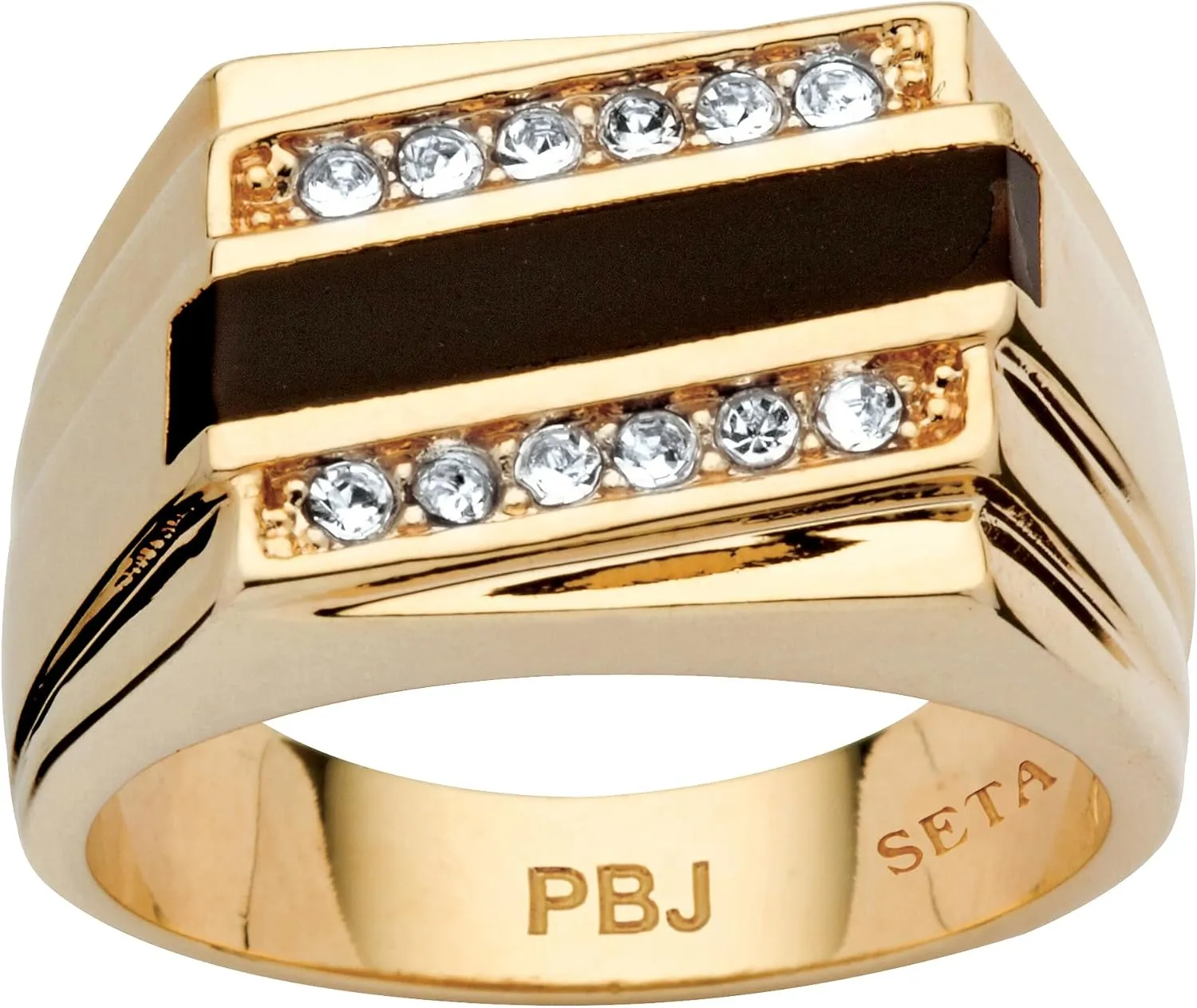 PalmBeach Men's Yellow Gold-Plated Emerald Cut Natural Black Onyx and Round Crystal Ring Sizes 8-13