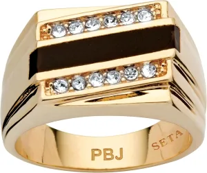 PalmBeach Men's Yellow Gold-Plated Emerald Cut Natural Black Onyx and Round Crystal Ring Sizes 8-13