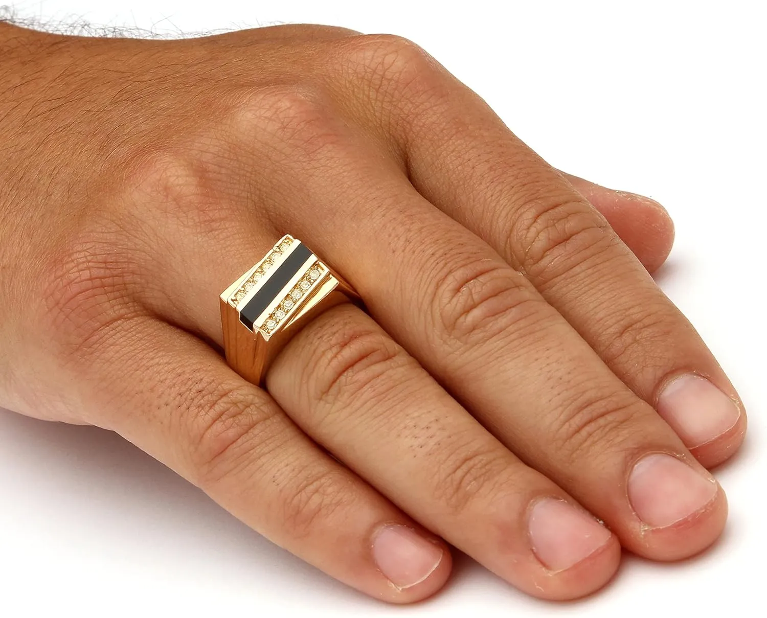 PalmBeach Men's Yellow Gold-Plated Emerald Cut Natural Black Onyx and Round Crystal Ring Sizes 8-13