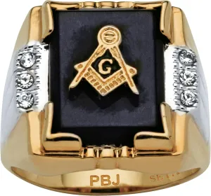 PalmBeach Men's Yellow Gold-Plated Emerald Cut Natural Black Onyx and Round Crystal Two Tone Masonic Ring Sizes 8-16