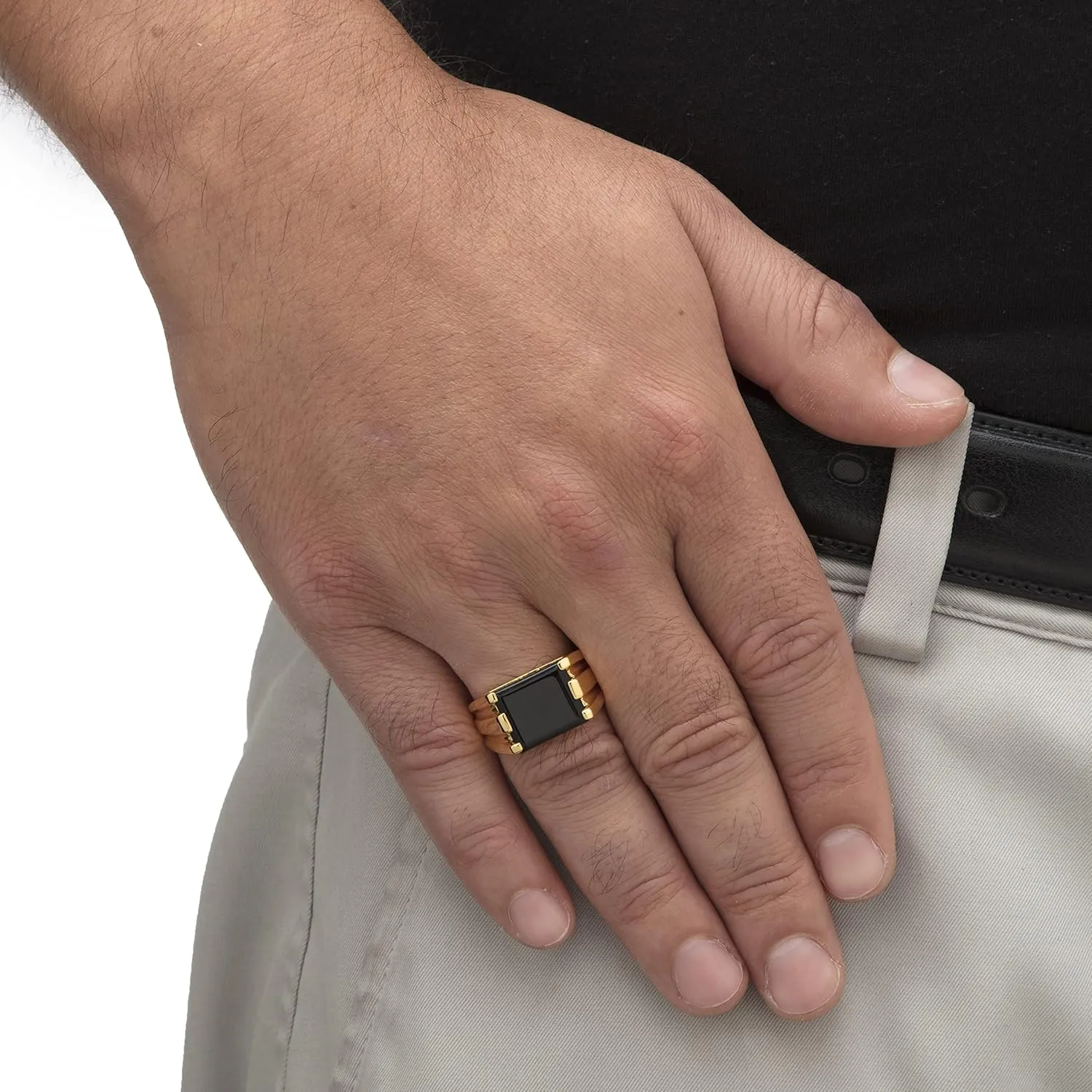 PalmBeach Men's Yellow Gold-Plated Emerald Cut Simulated Black Onyx Ring Sizes 8-13