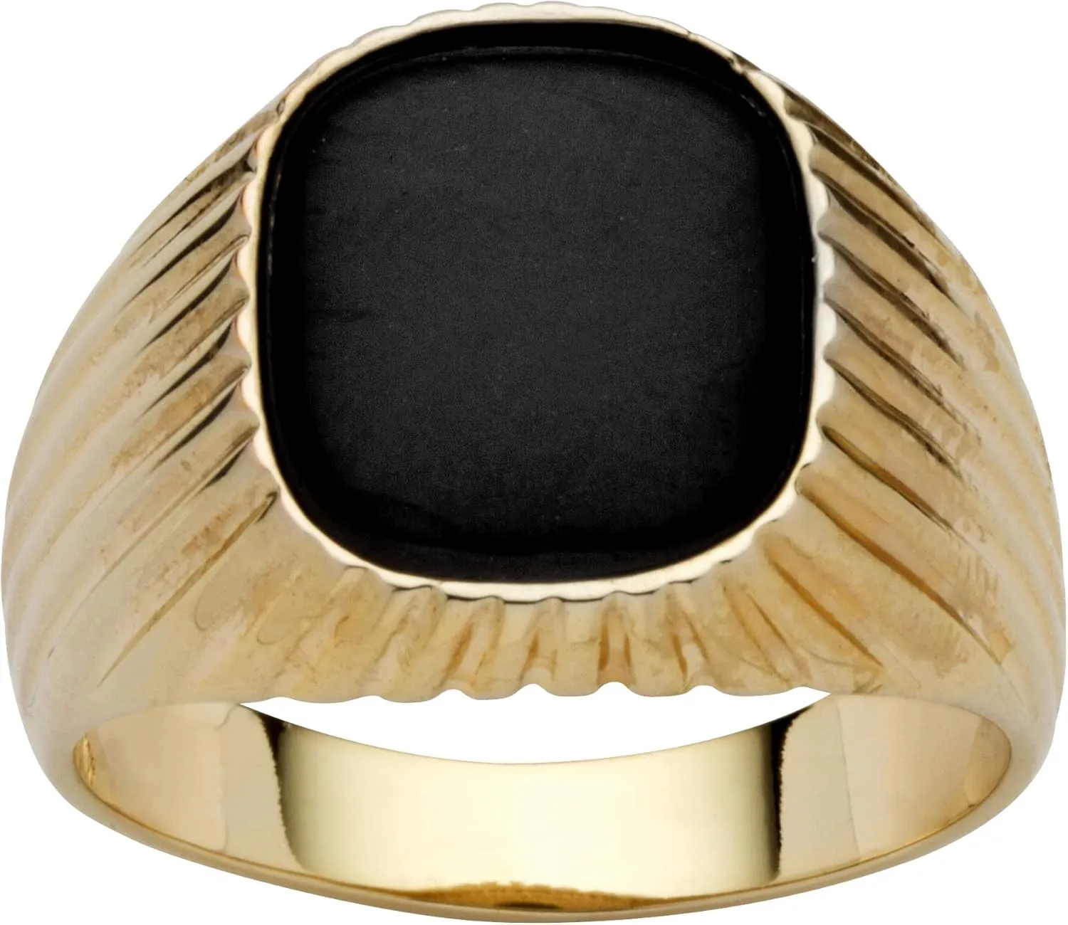 PalmBeach Men's Yellow Gold-Plated Rectangular Shaped Natural Black Onyx Ribbed Ring Sizes 8-13