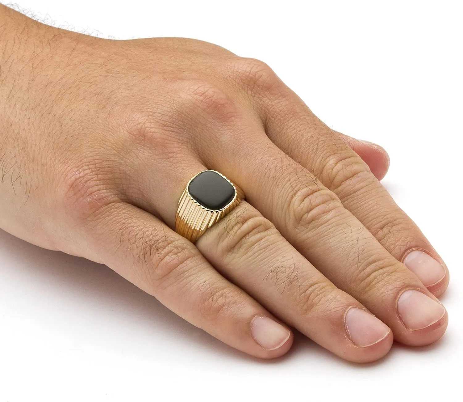 PalmBeach Men's Yellow Gold-Plated Rectangular Shaped Natural Black Onyx Ribbed Ring Sizes 8-13