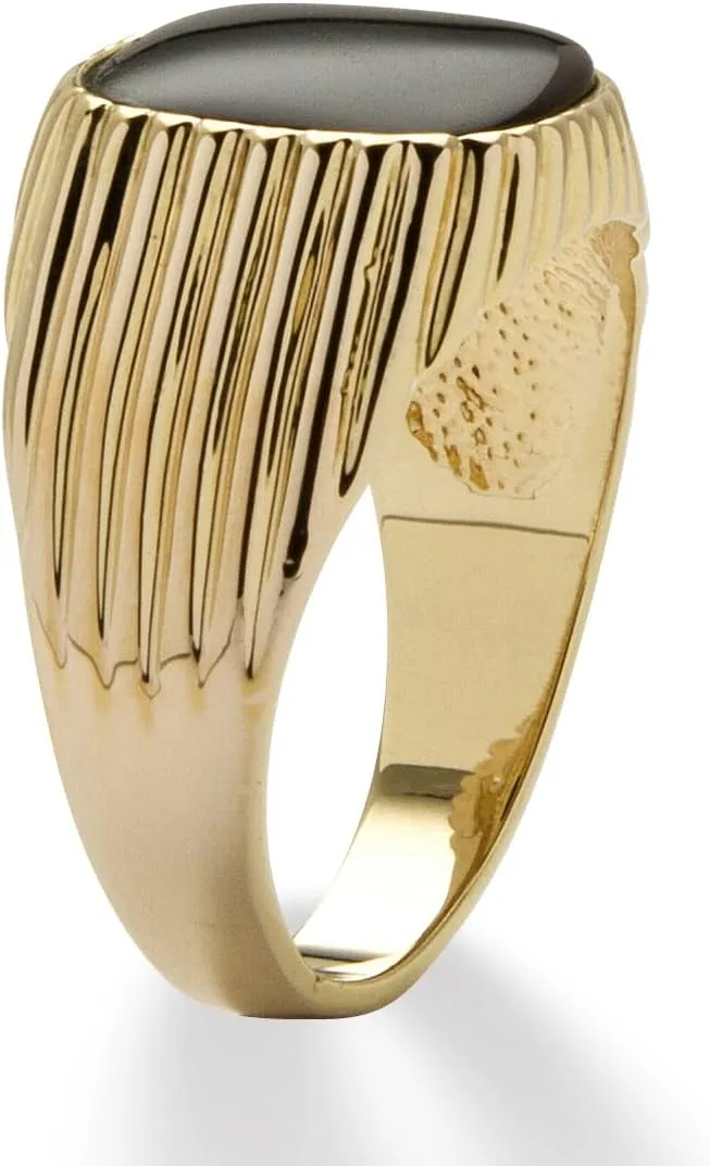 PalmBeach Men's Yellow Gold-Plated Rectangular Shaped Natural Black Onyx Ribbed Ring Sizes 8-13