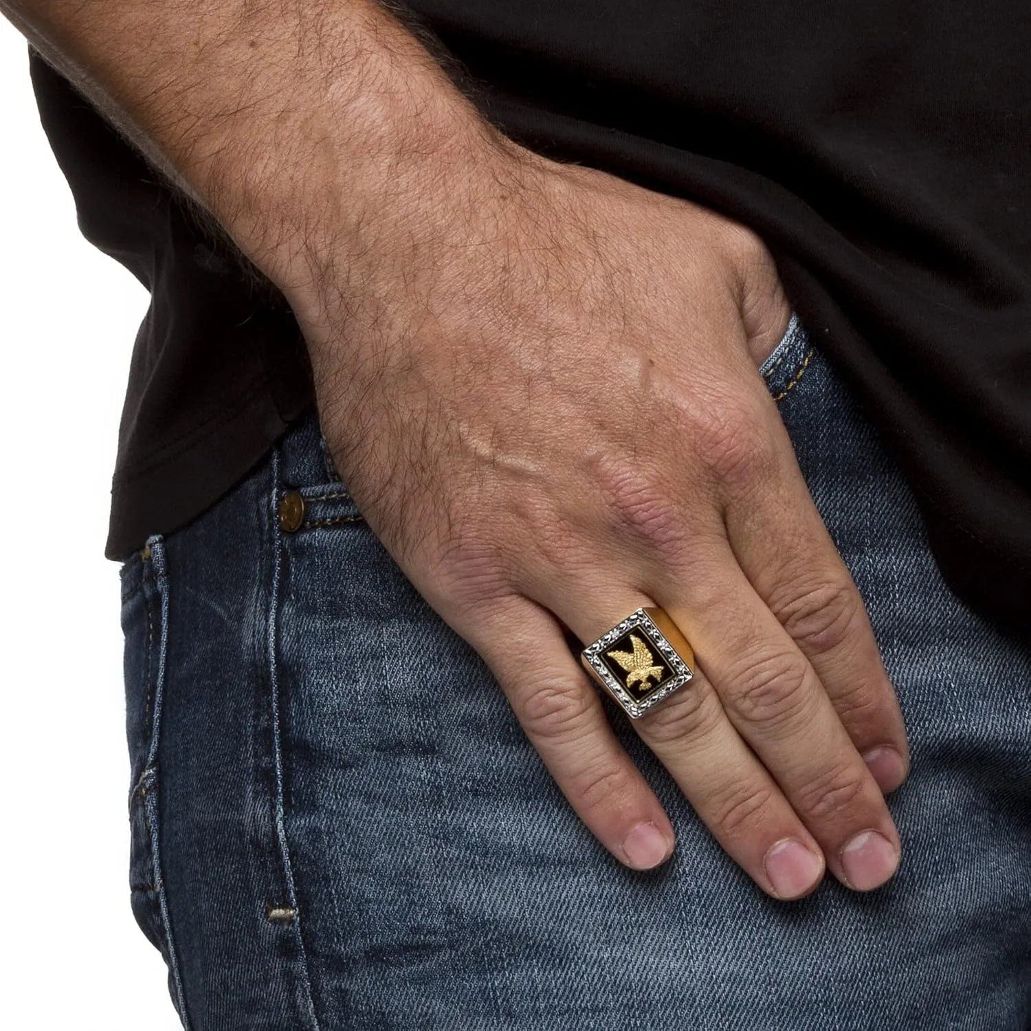 PalmBeach Men's Yellow Gold-plated Sterling Silver Emerald Cut Natural Black Onyx and Diamond Accent Eagle Ring Sizes 8-16