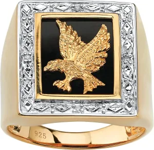PalmBeach Men's Yellow Gold-plated Sterling Silver Emerald Cut Natural Black Onyx and Diamond Accent Eagle Ring Sizes 8-16