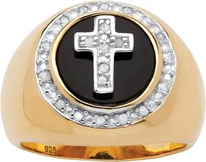 PalmBeach Men's Yellow Gold-plated Sterling Silver Round Natural Black Onyx and Diamond Accent Cross Ring Sizes 8-13