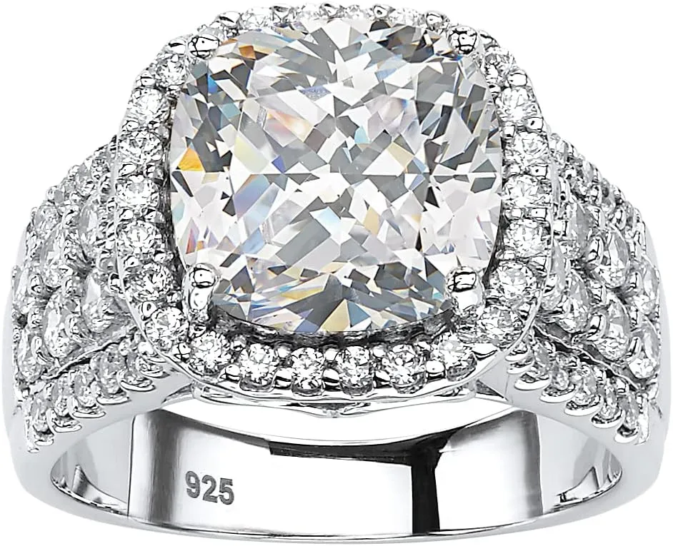 PalmBeach Platinum-plated Sterling Silver Cushion Cubic Zirconia Simulated Halo Engagement Ring Sizes 6-10