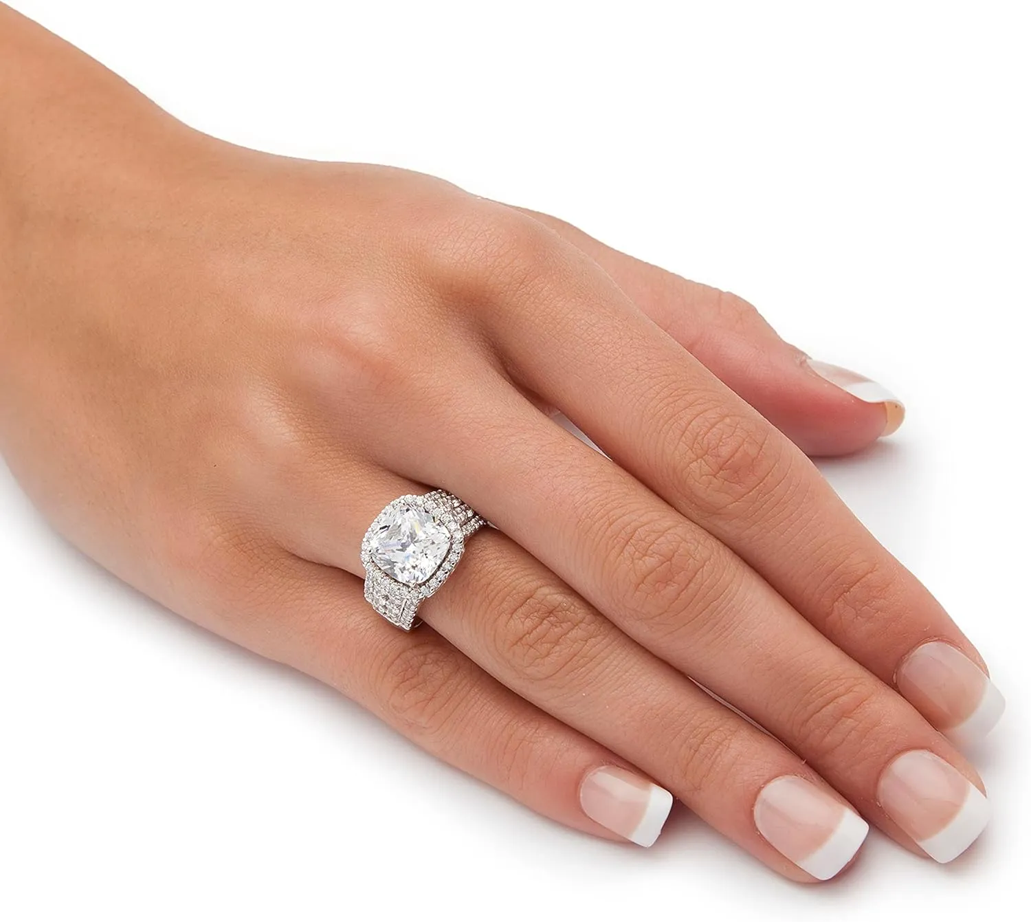 PalmBeach Platinum-plated Sterling Silver Cushion Cubic Zirconia Simulated Halo Engagement Ring Sizes 6-10