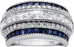 PalmBeach Platinum-Plated Sterling Silver Emerald Cut Cubic Zirconia and Simulated Princess Green Emerald or Blue Sapphire Anniversary Ring Size 9