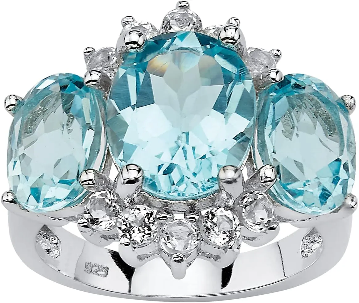 PalmBeach Platinum-plated Sterling Silver Oval Cut Genuine Blue Topaz 3 Stone Ring Sizes 6-10