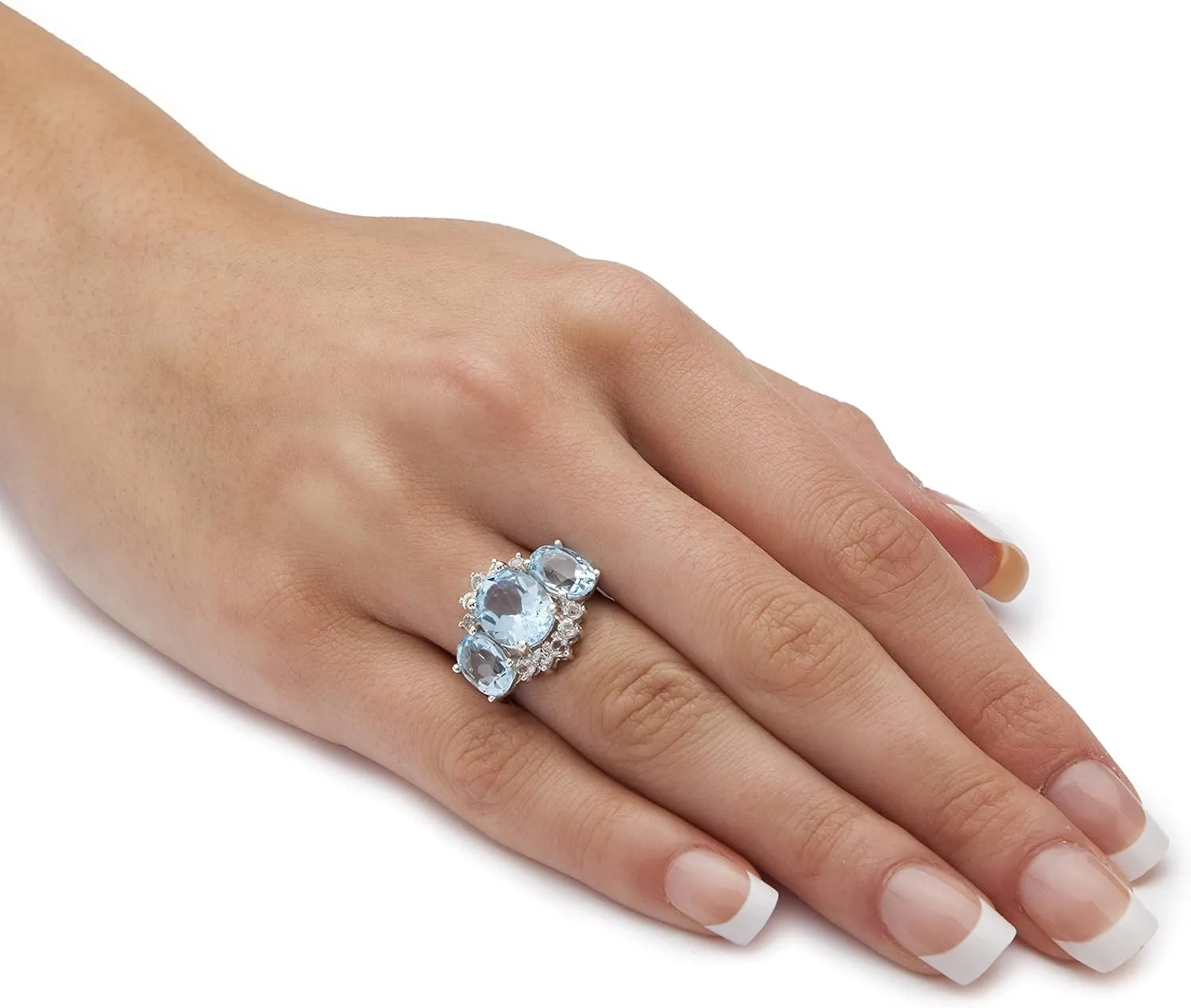 PalmBeach Platinum-plated Sterling Silver Oval Cut Genuine Blue Topaz 3 Stone Ring Sizes 6-10