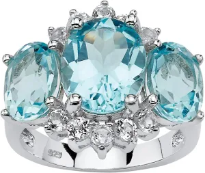 PalmBeach Platinum-plated Sterling Silver Oval Cut Genuine Blue Topaz 3 Stone Ring Sizes 6-10