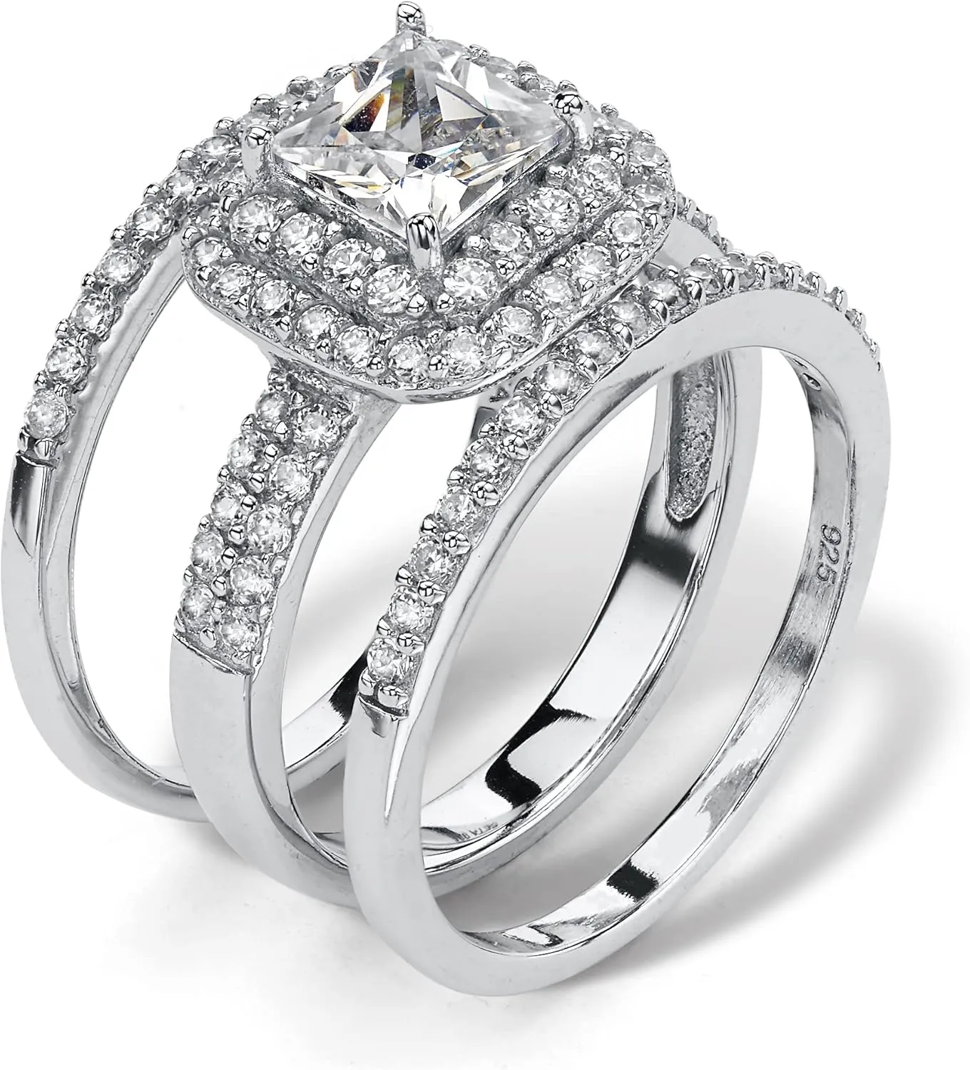 PalmBeach Platinum-plated Sterling Silver Princess Cut Cubic Zirconia Halo 3 Piece Bridal Ring Set Sizes 5-10