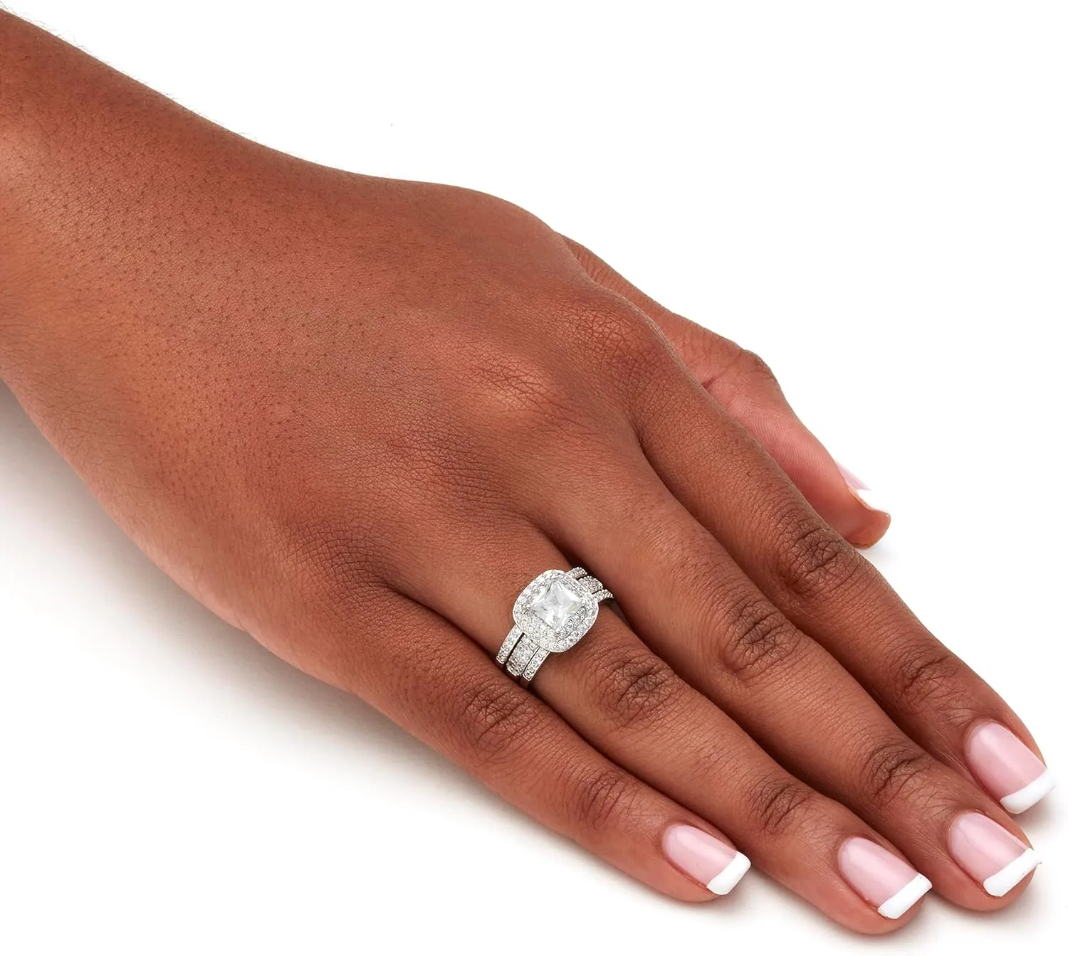 PalmBeach Platinum-plated Sterling Silver Princess Cut Cubic Zirconia Halo 3 Piece Bridal Ring Set Sizes 5-10