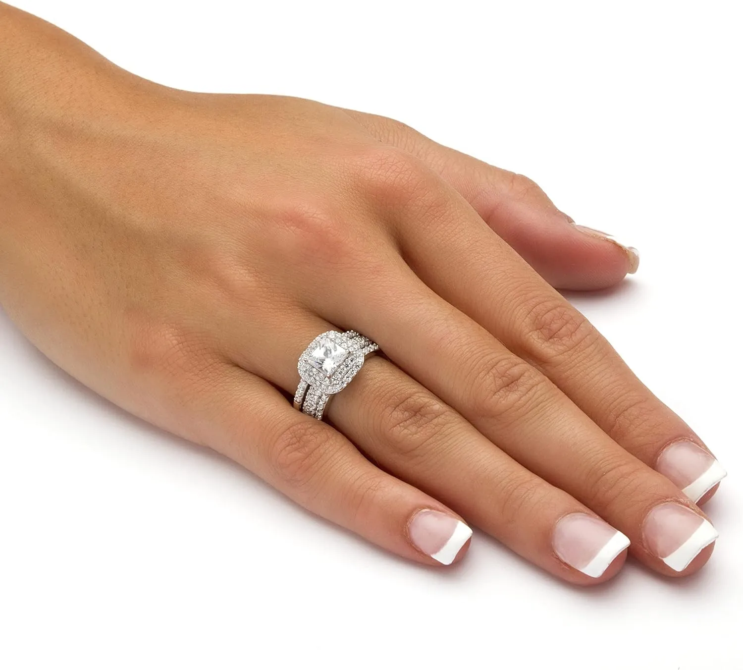 PalmBeach Platinum-plated Sterling Silver Princess Cut Cubic Zirconia Halo 3 Piece Bridal Ring Set Sizes 5-10