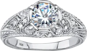 PalmBeach Sterling Silver Round Cubic Zirconia Vintage Style Engagement Ring Sizes 6-12