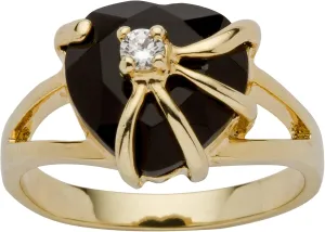 PalmBeach Yellow Gold-Plated Heart Shaped Natural Black Onyx and Round Cubic Zirconia Ring Sizes 5-10