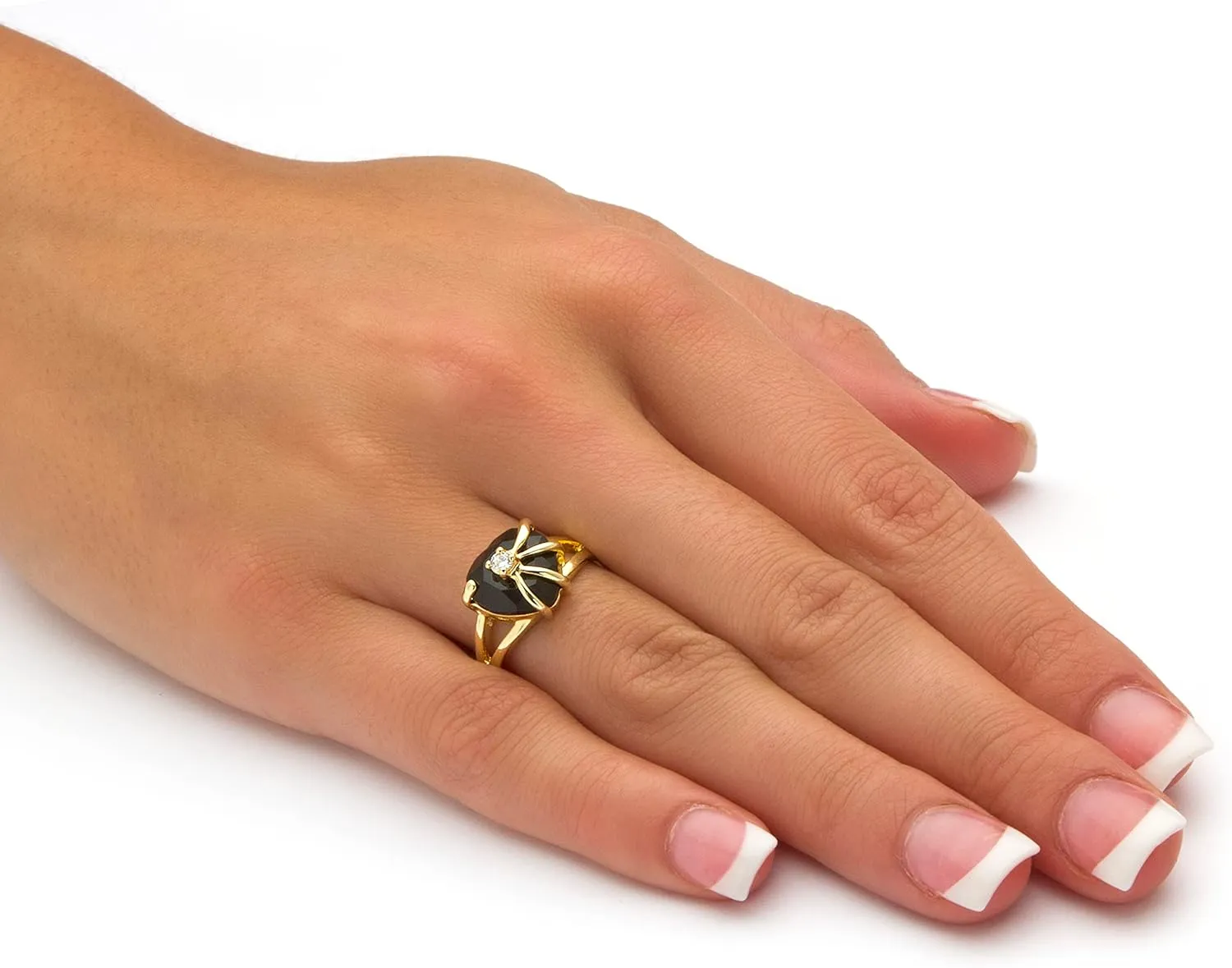 PalmBeach Yellow Gold-Plated Heart Shaped Natural Black Onyx and Round Cubic Zirconia Ring Sizes 5-10