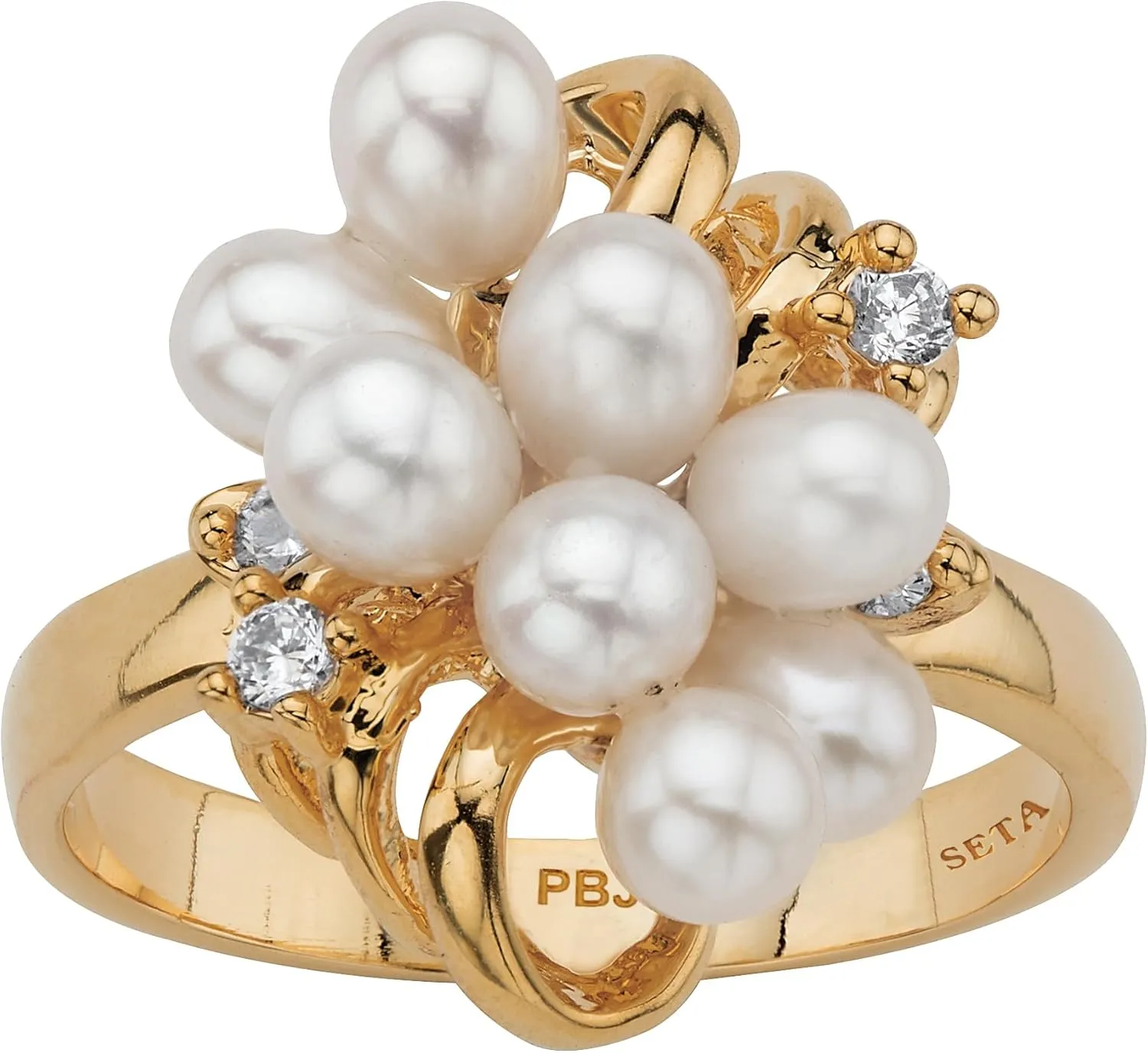 PalmBeach Yellow Gold-plated Oval Shaped Genuine Cultured Freshwater Pearl and Round Crystal Cluster Ring Sizes 6-10