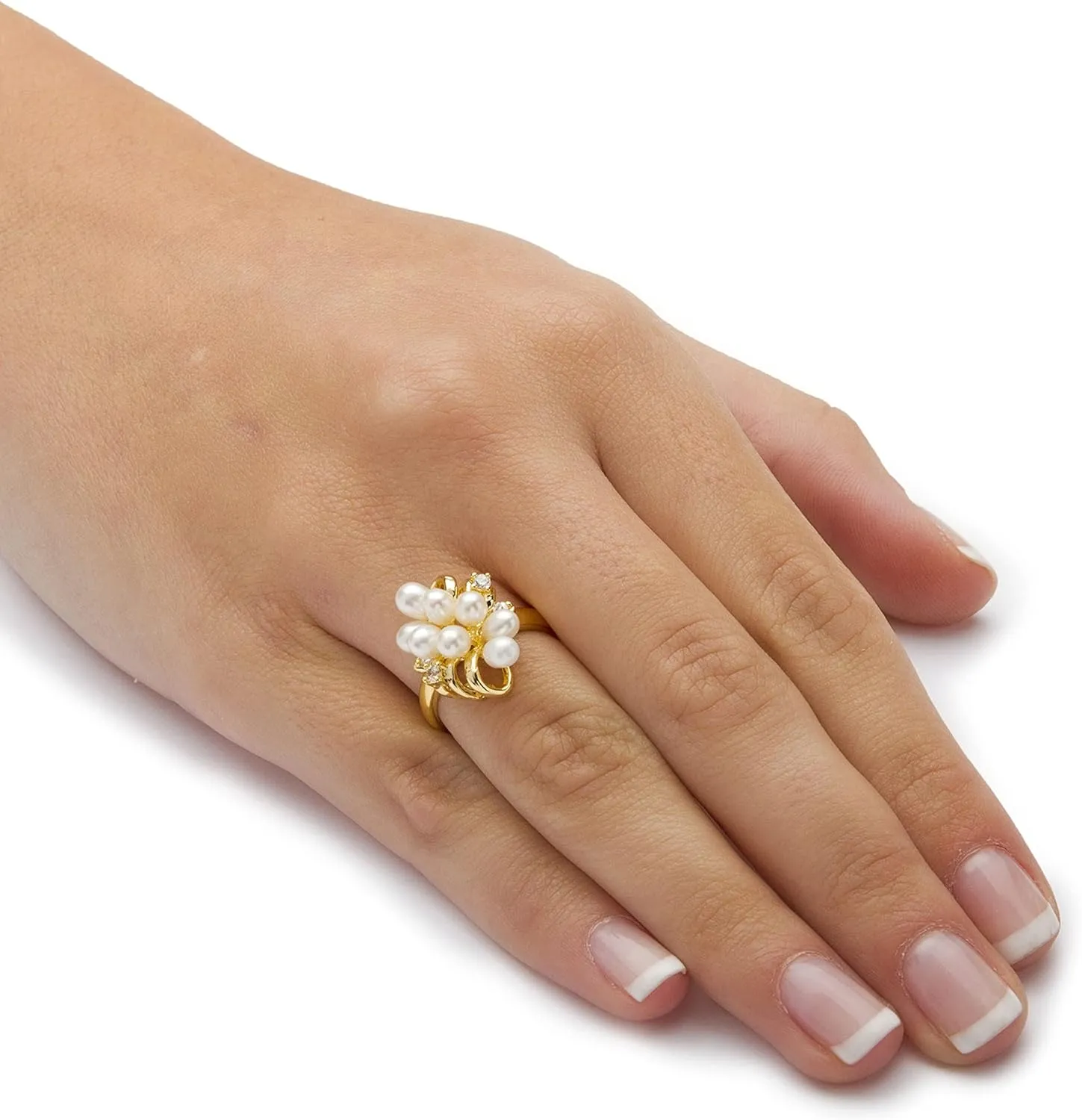 PalmBeach Yellow Gold-plated Oval Shaped Genuine Cultured Freshwater Pearl and Round Crystal Cluster Ring Sizes 6-10
