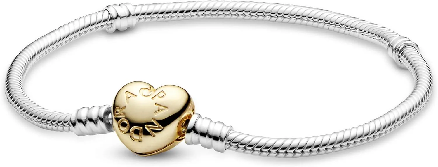Pandora Moments Heart Clasp Snake Chain Bracelet - Compatible Moments Charms - Gift for Her - Sterling Silver - With Gift Box