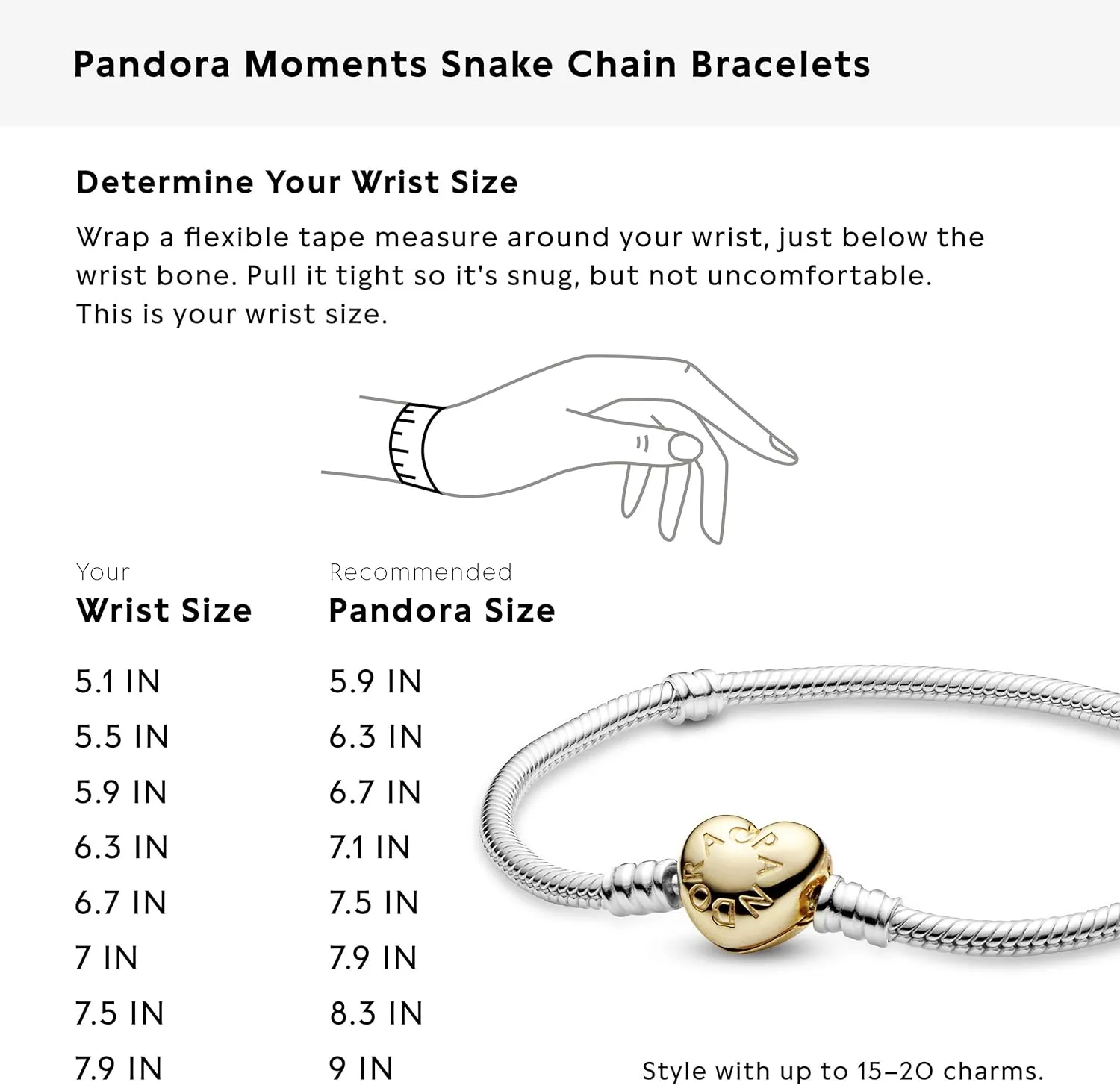 Pandora Moments Heart Clasp Snake Chain Bracelet - Compatible Moments Charms - Gift for Her - Sterling Silver - With Gift Box