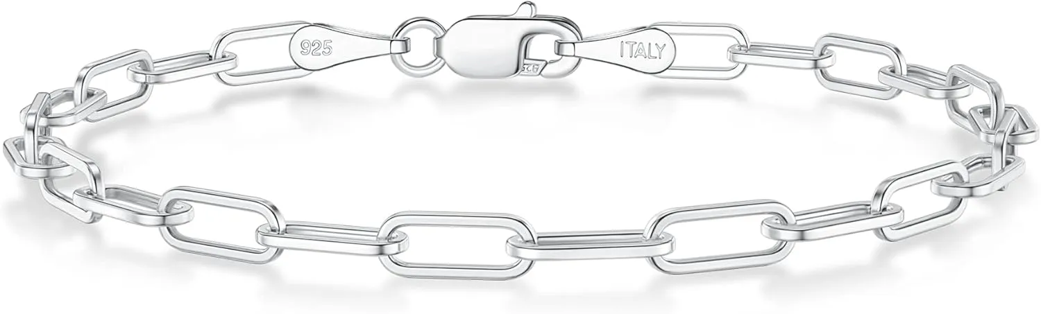 Paperclip Bracelet for Women, Minimalist Silver Chain Bracelet Dainty 3mm Diamond-Cut Sterling Silver Clasp, Thoughtful Gift for Her 6.5, 7.0, 7.5, 8.0, 8.5, 9.0