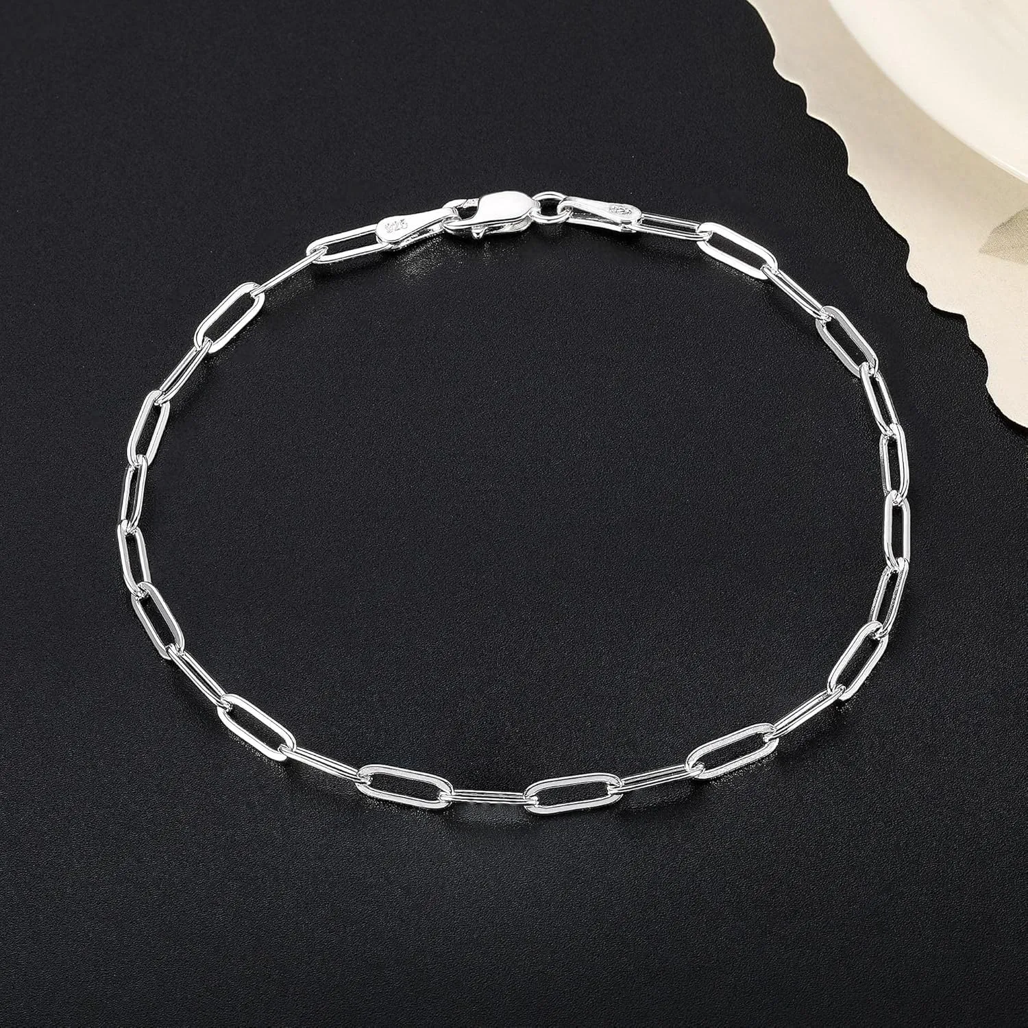 Paperclip Bracelet for Women, Minimalist Silver Chain Bracelet Dainty 3mm Diamond-Cut Sterling Silver Clasp, Thoughtful Gift for Her 6.5, 7.0, 7.5, 8.0, 8.5, 9.0