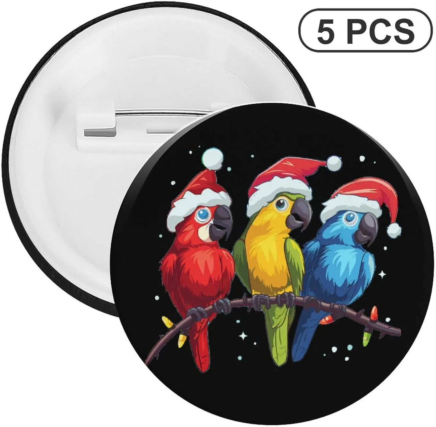 Parrots with Santa Hats Christmas Brooch Pins Personalized Tinplate Badges Round Lapel Pin for Party Decorations