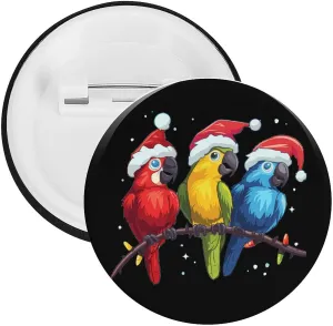 Parrots with Santa Hats Christmas Brooch Pins Personalized Tinplate Badges Round Lapel Pin for Party Decorations