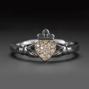 PAVE DIAMOND CLADDAGH RING PLATINUM YELLOW GOLD TRADITIONAL IRISH HEART CROWN