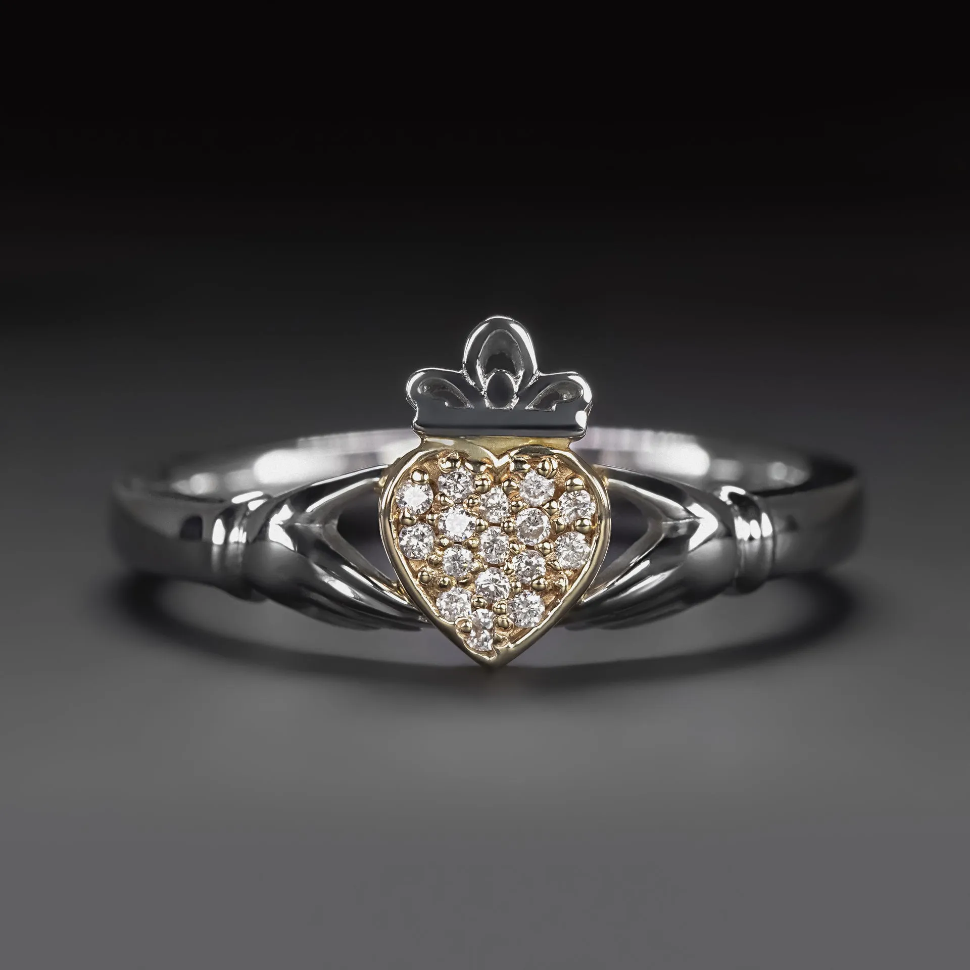 PAVE DIAMOND CLADDAGH RING PLATINUM YELLOW GOLD TRADITIONAL IRISH HEART CROWN
