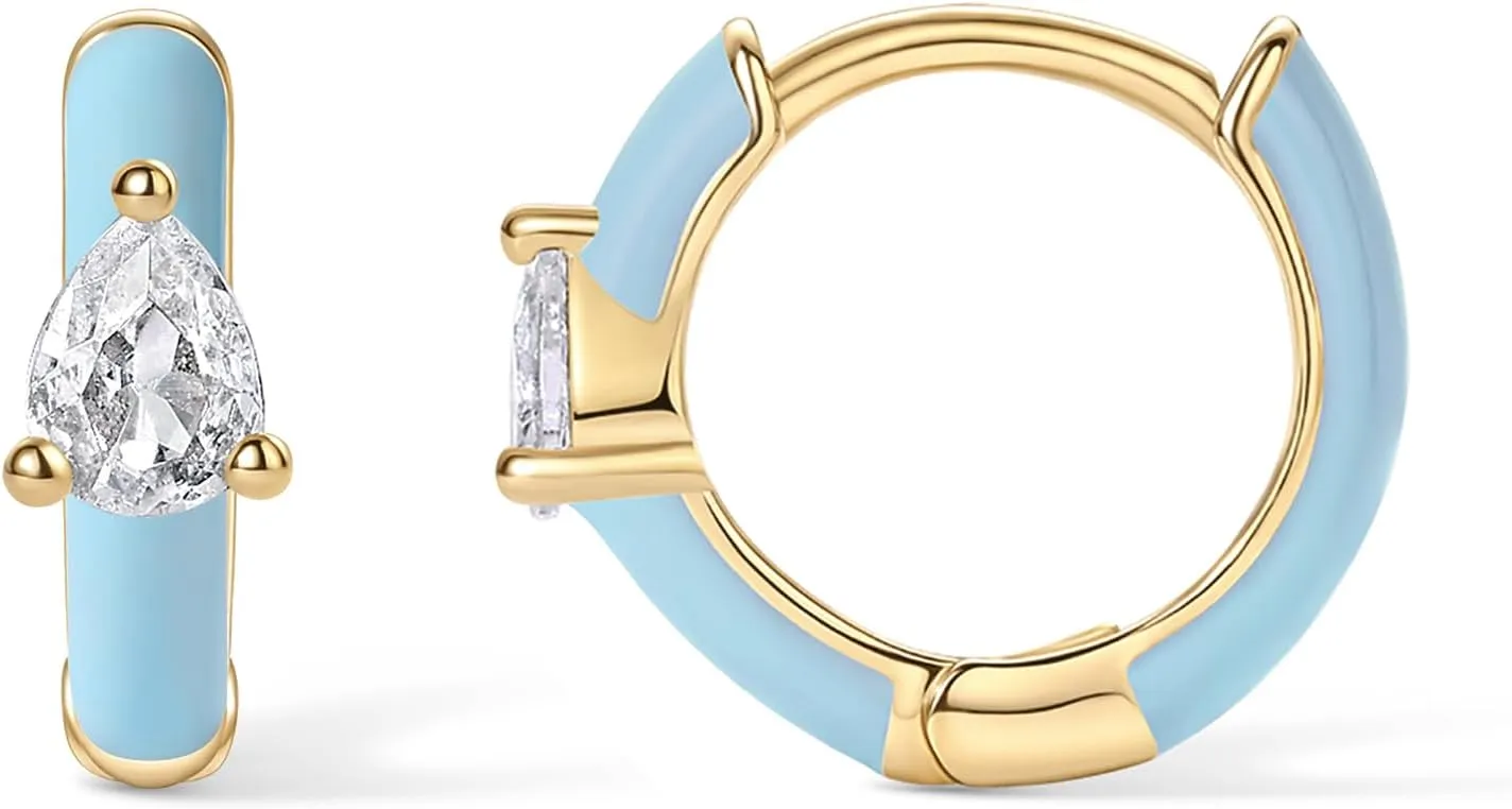 PAVOI 14K Gold Plated Sterling Silver Post Earrings for Women - Colored Enamel Cubic Zirconia Huggie Hoop Earrings - Blue Pink Purple White Jewelry