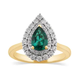 Pear Shaped Created Emerald Ring with 0.15ct of Diamonds in 9ct Yellow Gold