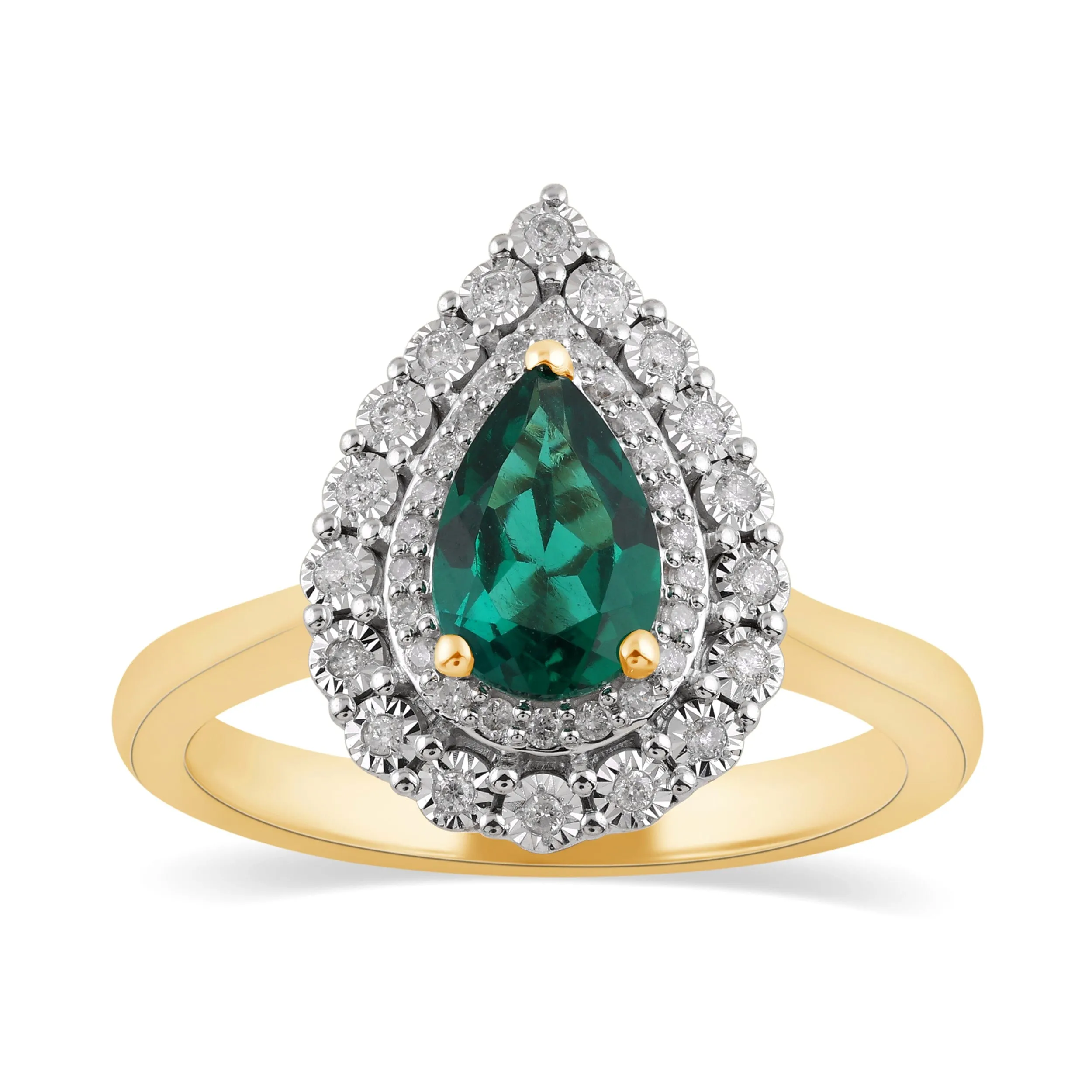 Pear Shaped Created Emerald Ring with 0.15ct of Diamonds in 9ct Yellow Gold