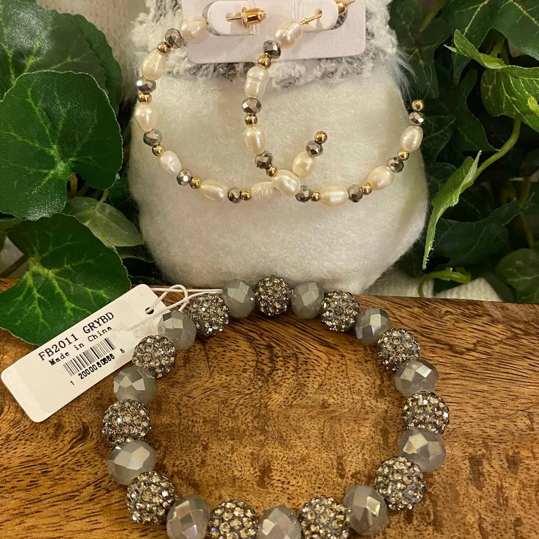 Pearl and Gray Beaded Hoop Earrings