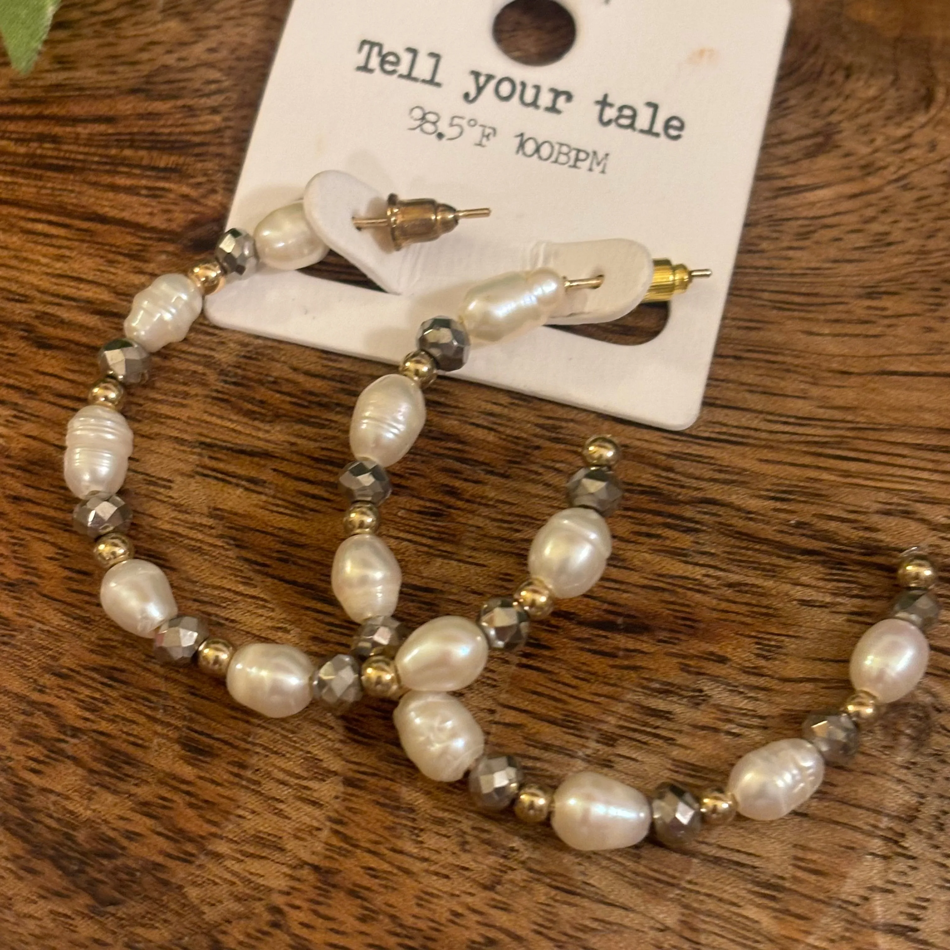 Pearl and Gray Beaded Hoop Earrings