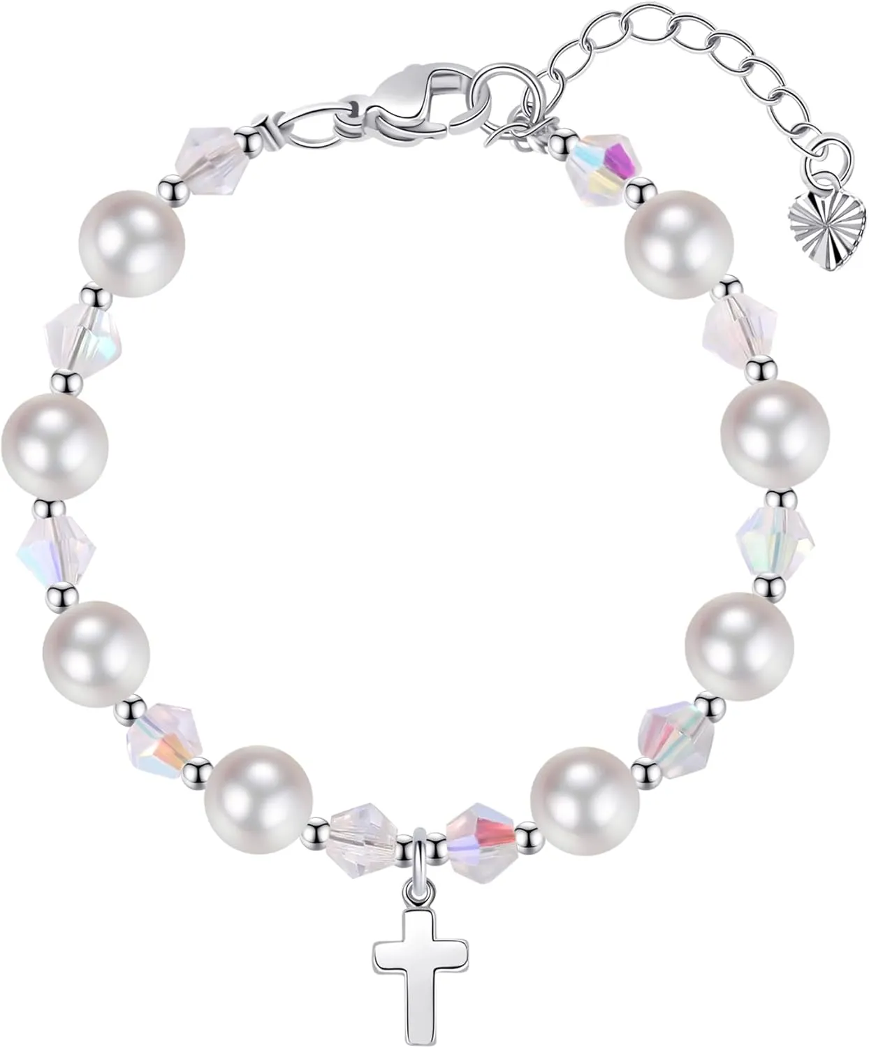 Pearl Cross Bracelets for Girls, Sterling Silver Baby Bracelet, Baptism Gifts for Girl, Christening and First Communion Christian Jewelry Gift for Kids