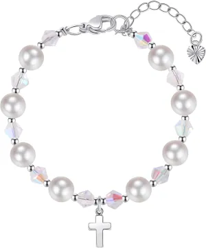 Pearl Cross Bracelets for Girls, Sterling Silver Baby Bracelet, Baptism Gifts for Girl, Christening and First Communion Christian Jewelry Gift for Kids