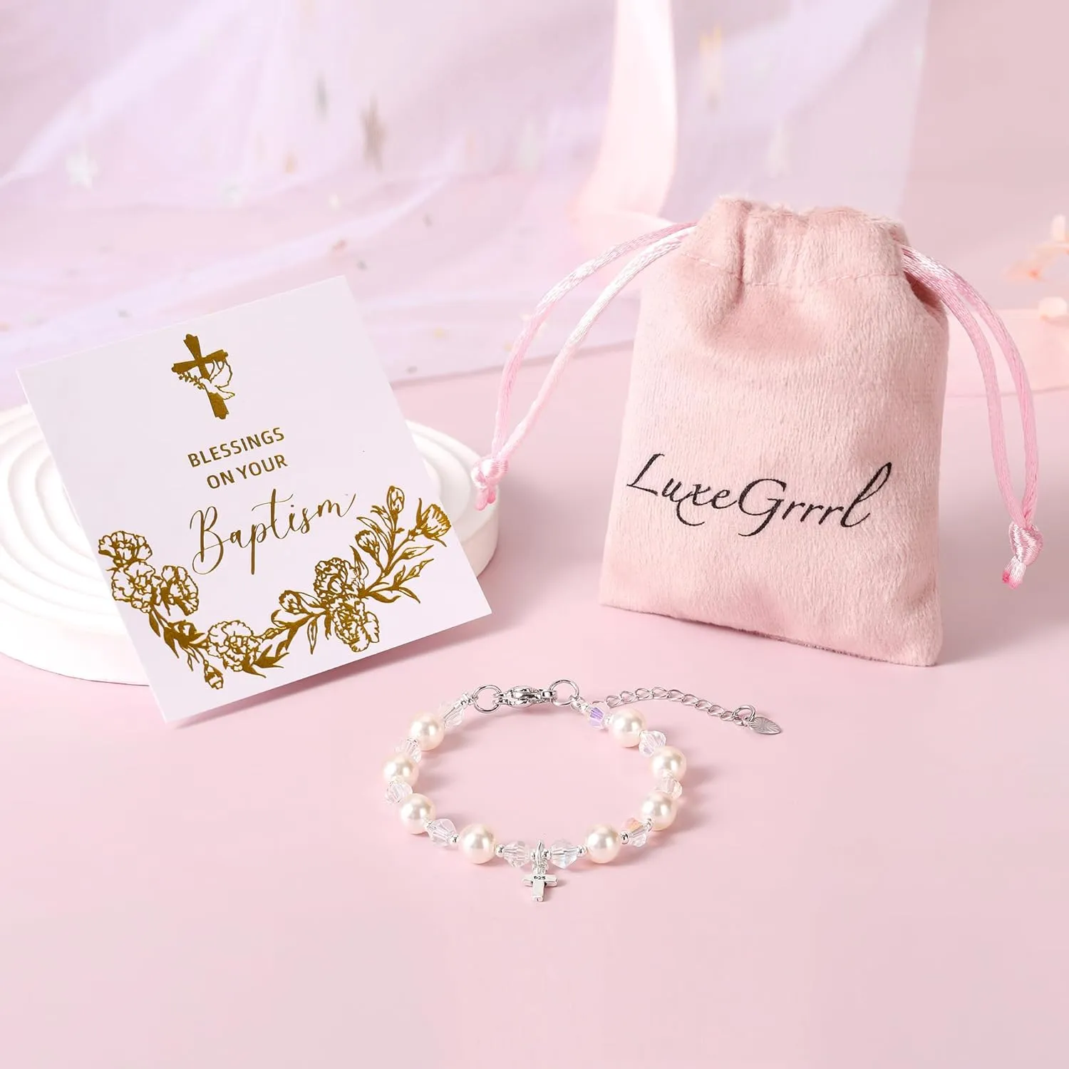 Pearl Cross Bracelets for Girls, Sterling Silver Baby Bracelet, Baptism Gifts for Girl, Christening and First Communion Christian Jewelry Gift for Kids