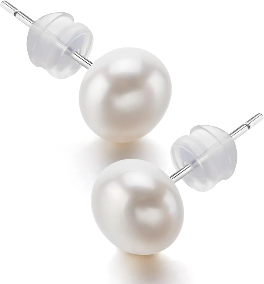 Pearl Earrings 8.5mm Semiroud white Classic Style Pearl Stud Earrings for Women Freshwater Aquaculture of Real pearls 925 Sterling Silver