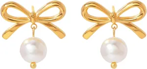 Pearl Earrings for Women, Gold Pearl Bow Earrings Pearl Earrings Dangle Drop 14K Gold Plated Pearl Stud Earrings Simple Wedding Jewelry Gifts