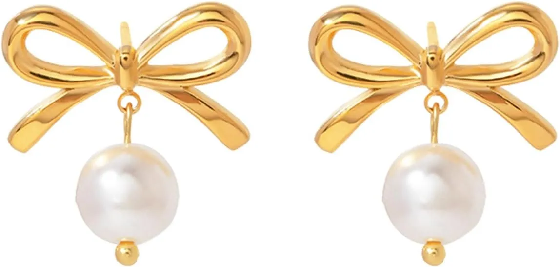 Pearl Earrings for Women, Gold Pearl Bow Earrings Pearl Earrings Dangle Drop 14K Gold Plated Pearl Stud Earrings Simple Wedding Jewelry Gifts